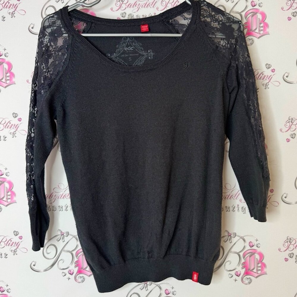 EDC sweater lace details grey black Charcoal Knit Top embroidered logo